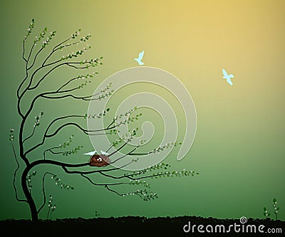 Tree with nest and flock of blue birds flying, return to the nature home idea, spring nesting, Vector Illustration