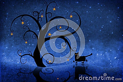 Tree at night with stars and a cat Stock Photo