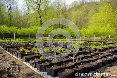 tree nursery, with seedlings and saplings growing in beds of soil Stock Photo