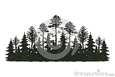 Tree outdoor travel black silhouette coniferous natural badge, tops pine spruce branch cedar and plant leaf abstract Vector Illustration