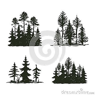 Tree outdoor travel black silhouette coniferous natural badge, tops pine spruce branch cedar and plant leaf abstract Vector Illustration