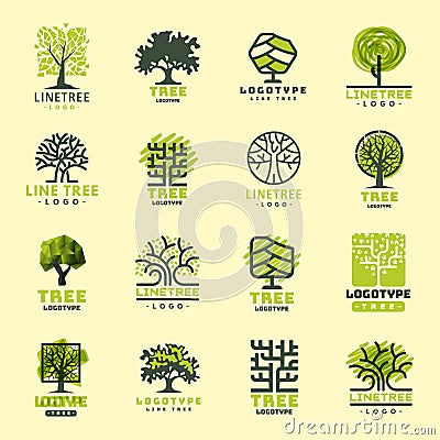 Tree outdoor travel green silhouette forest badge coniferous natural badge tops line spruce vector. Vector Illustration