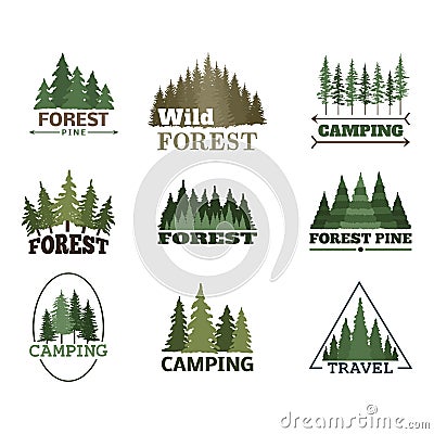 Tree outdoor travel green silhouette forest badge coniferous natural logo badge tops pine spruce vector. Vector Illustration