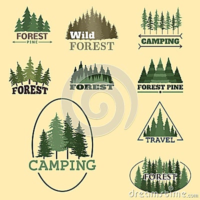 Tree outdoor travel green silhouette forest badge coniferous natural logo badge tops pine spruce vector. Vector Illustration