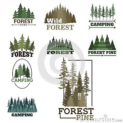 Tree outdoor travel green silhouette forest badge coniferous natural logo badge tops pine spruce vector. Vector Illustration