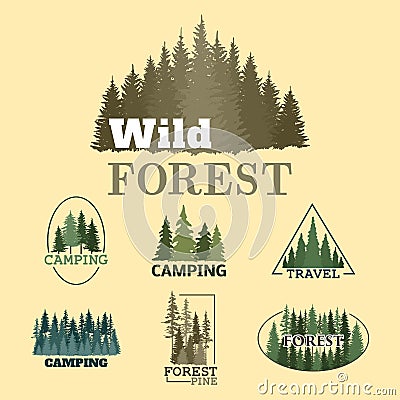 Tree outdoor travel green silhouette forest badge coniferous natural logo badge tops pine spruce vector. Vector Illustration