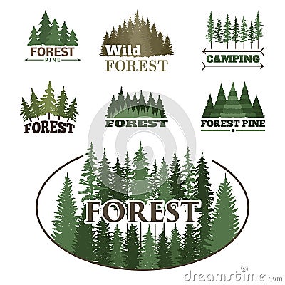 Tree outdoor travel green silhouette forest badge coniferous natural logo badge tops pine spruce vector. Vector Illustration