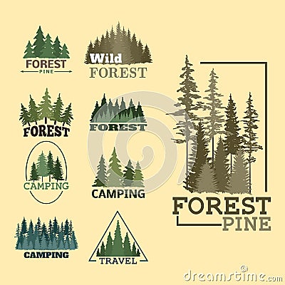 Tree outdoor travel green silhouette forest badge coniferous natural logo badge tops pine spruce vector. Vector Illustration