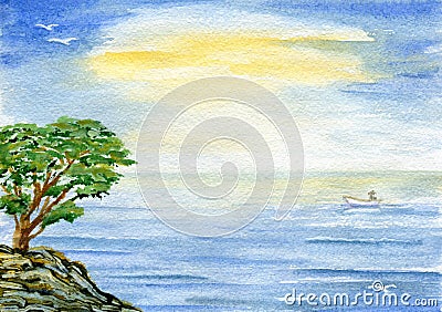 Tree over sea Cartoon Illustration
