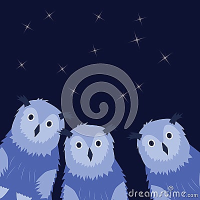 Tree Owls on the dark blue sky background. Hand drawn illustra Vector Illustration