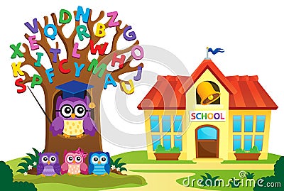 Tree and owls near school theme 2 Vector Illustration