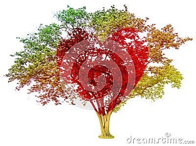 Tree pastel colored gradient and red heart-shaped isolated on w Stock Photo