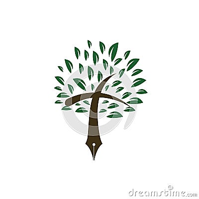 Tree pen and cross vector logo design template. Bible learning and teaching class. Vector Illustration