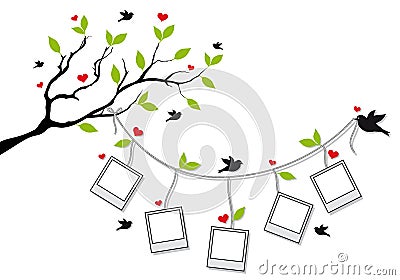 Tree with photo frames and birds, vector Vector Illustration