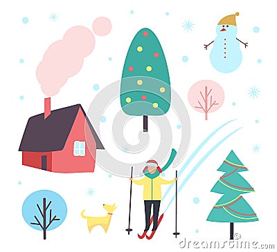 Tree Pine and Houses Person Skiing Set Vector Vector Illustration