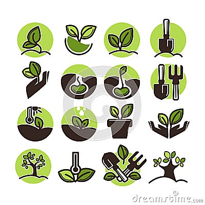 Tree planting and green gardening horticulture vector icons set Vector Illustration