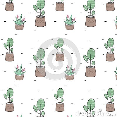 Tree and plants in a pot semlless pattern clip art, illustration, drawing on white background Cartoon Illustration