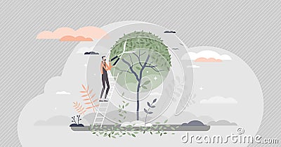 Tree pruning and gardening as tree trimming or shaping tiny person concept Vector Illustration