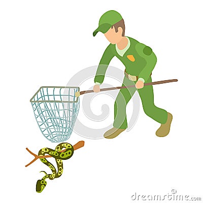 Tree python icon isometric vector. Man in uniform with landing net near python Vector Illustration