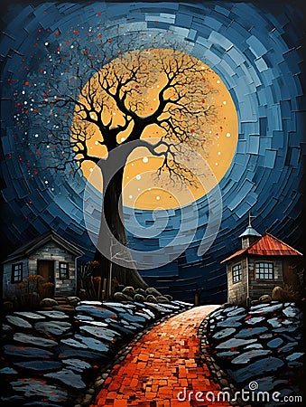 a tree and red cobblestone road in front of a large moon Cartoon Illustration