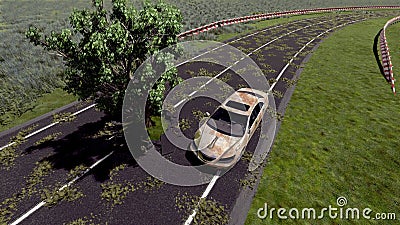 Tree on the road and old car Stock Photo
