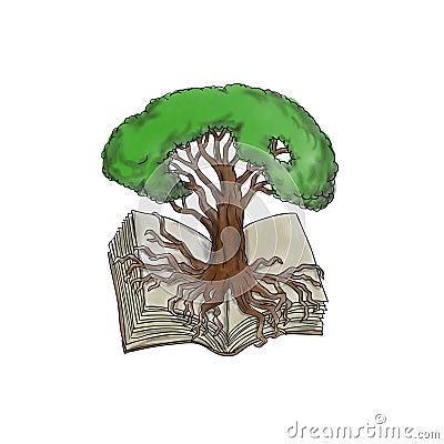 Tree Rooted on Book Tattoo Cartoon Illustration