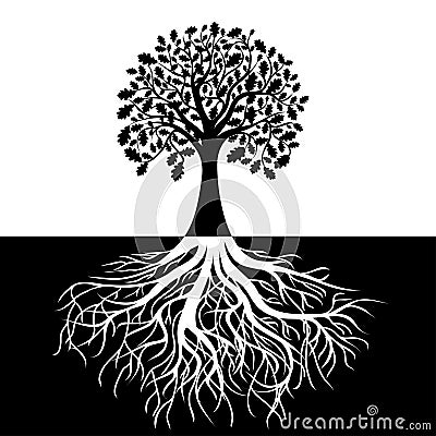 Tree with Roots on Black and white Background Vector Illustration