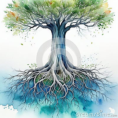 a tree with roots is drawn with watercolors isolated on a white Generated by Cartoon Illustration