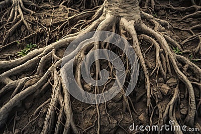 Tree roots extending in all directions from a tree. Generative AI realistic illustration Cartoon Illustration