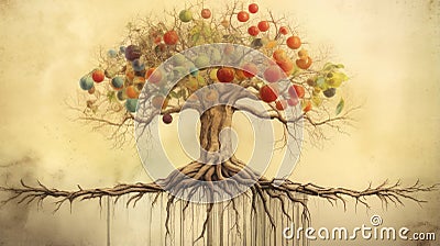 A tree with roots representing research and branches bearing the fruits of creative concepts, illustrating how ideas grow and Stock Photo