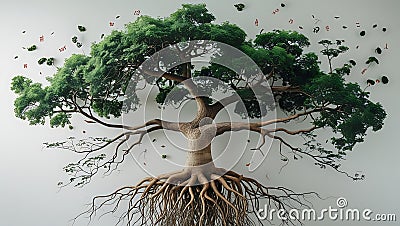 Tree with roots shaped like language scripts and global branches Stock Photo