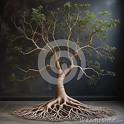 Tree with roots shaped like language scripts and global branches Stock Photo
