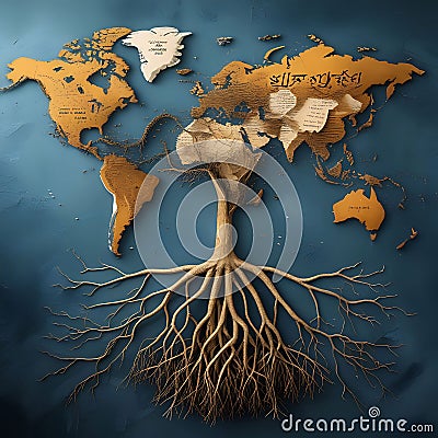 Tree with roots shaped like language scripts and global branches Stock Photo