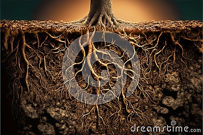 Tree roots in soil close up, underground texture, generative AI Cartoon Illustration