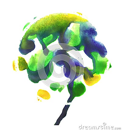 Tree. Rorschach. Yellow, blue and green watercolor painting. Abstraction paint spots on white background. Stock Photo
