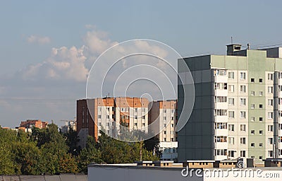 Tree russian nine floors houses in row Stock Photo