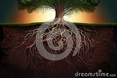 Tree's roots side view underground, ecosystem concept. Generativ Cartoon Illustration