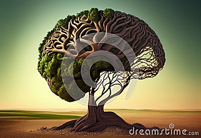Tree in the shape of brain thinks and childrens to environmental solution. Generate Ai. Stock Photo