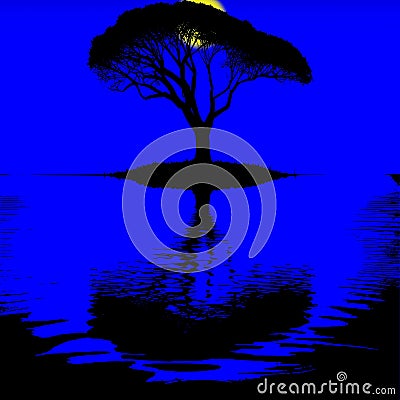 Tree shilouette on water with sun vector Stock Photo