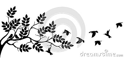 Tree silhouette with bird flying Cartoon Illustration