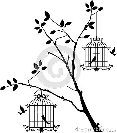 Tree silhouette with birds flying and bird in a cage Stock Photo