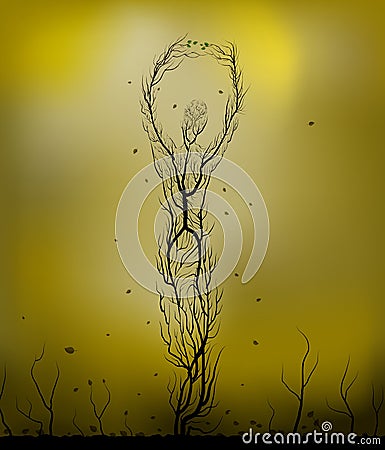 Tree silhouette like a man in desert, tree looks like a woman stretching her hands with last green leaves, dying tree in Vector Illustration
