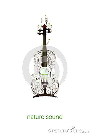 Tree silhouette like violine growing on soil, nature sound concept, spring music idea, Vector Illustration