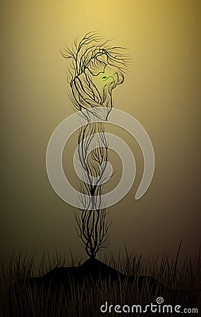 Tree silhouette like a woman in the desert, tree looks like a woman holding the last green leaves, drought and tree, dry Vector Illustration