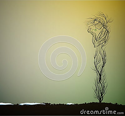 Tree silhouette like a woman holding first green sprout, first spring sprout, tree alive idea, Vector Illustration