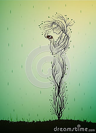 Tree silhouette like a woman holding nest with white bird and hiding it from the rain, spring tree soul, tree alive idea Vector Illustration