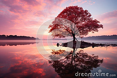Tree silhouette in serene dawn., generative IA Stock Photo