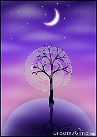 A tree silhouette on a small icy planet with a pink and purple starry sky. Stock Photo