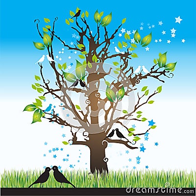 Tree silhouette spring, birds Vector Illustration