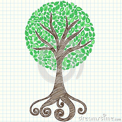 Tree Sketchy Notebook Doodle on Graph Paper Vector Illustration